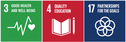 3 Sustainable Development Goals logos, number 3 in green good health and well-being, number 4 in red quality education, and infrastructure and number 17 in dark blue partnerships for the goals.