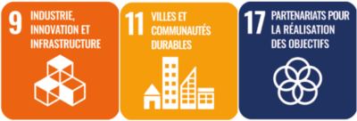 3 logos Objectifs Développement Durable : numéro 9 en orange industrie, innovation et infrastructure, numéro 11 en orange clair villes et communautés durables et numéro 17 en bleu foncé partenariats pour la réalisation des objectifs.