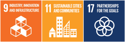 3 Sustainable Development Goals logos, number 9 in orange industry, innovation and infrastructure, number 11 in yellow sustainable cities and communities and number 17 in dark blue partnerships for the goals.